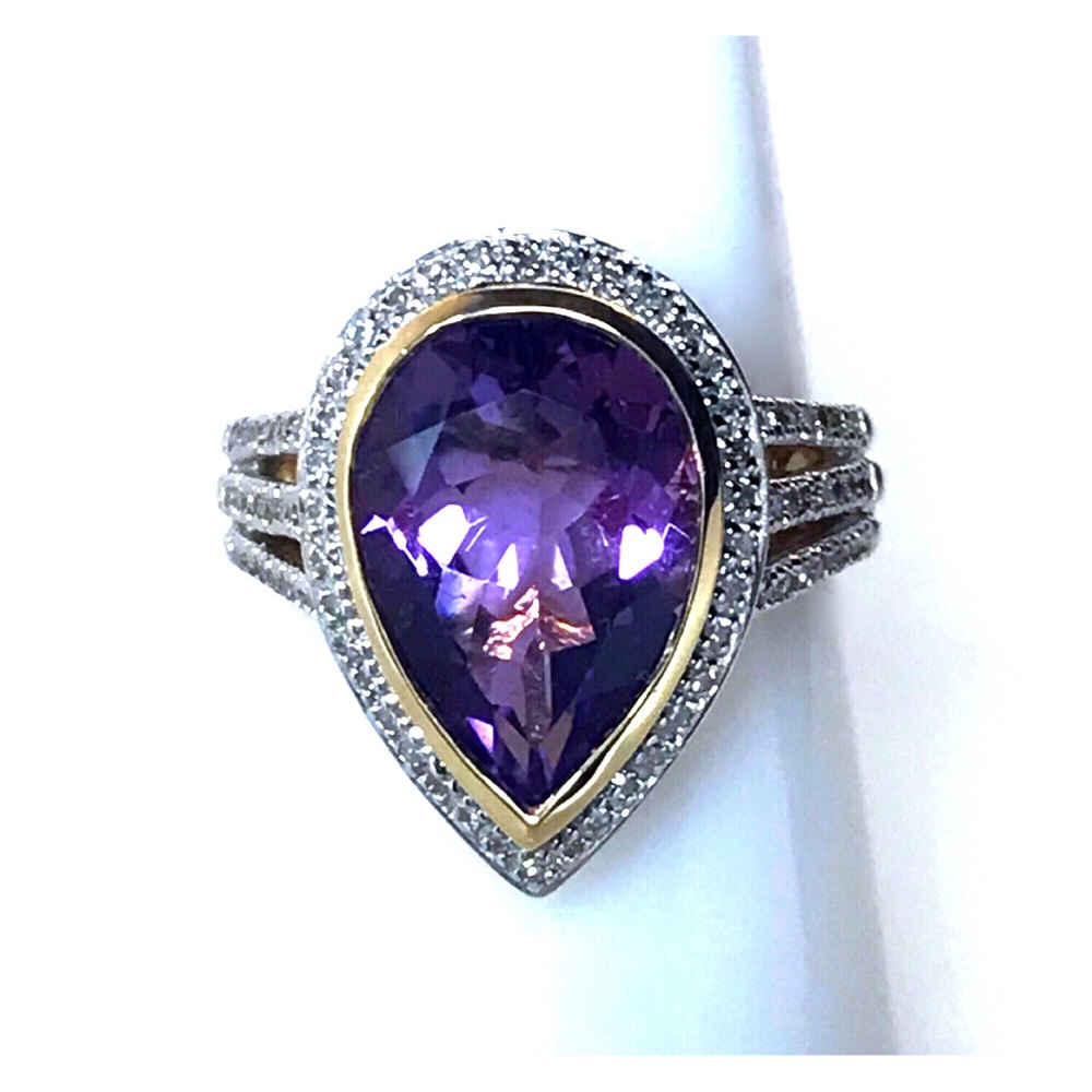 14KT GENUINE 4 CARAT AMETHYST & DIAMOND RING DESIGNER ALWAND VAHAN -7.17 GRAMS!!